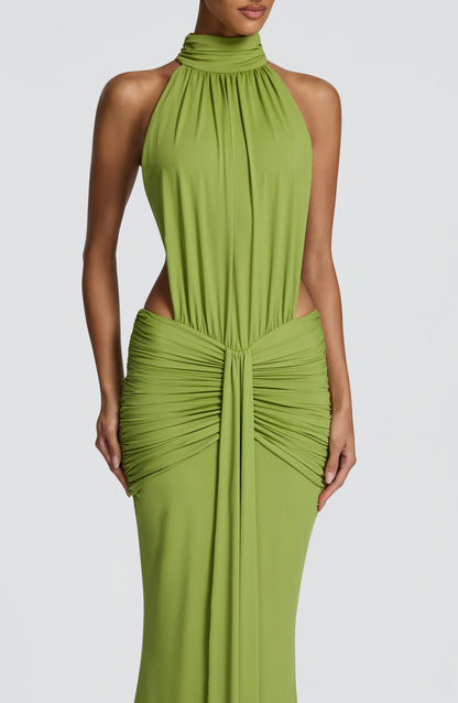 Women's Black Ruched Backless Halter Maxi Dress