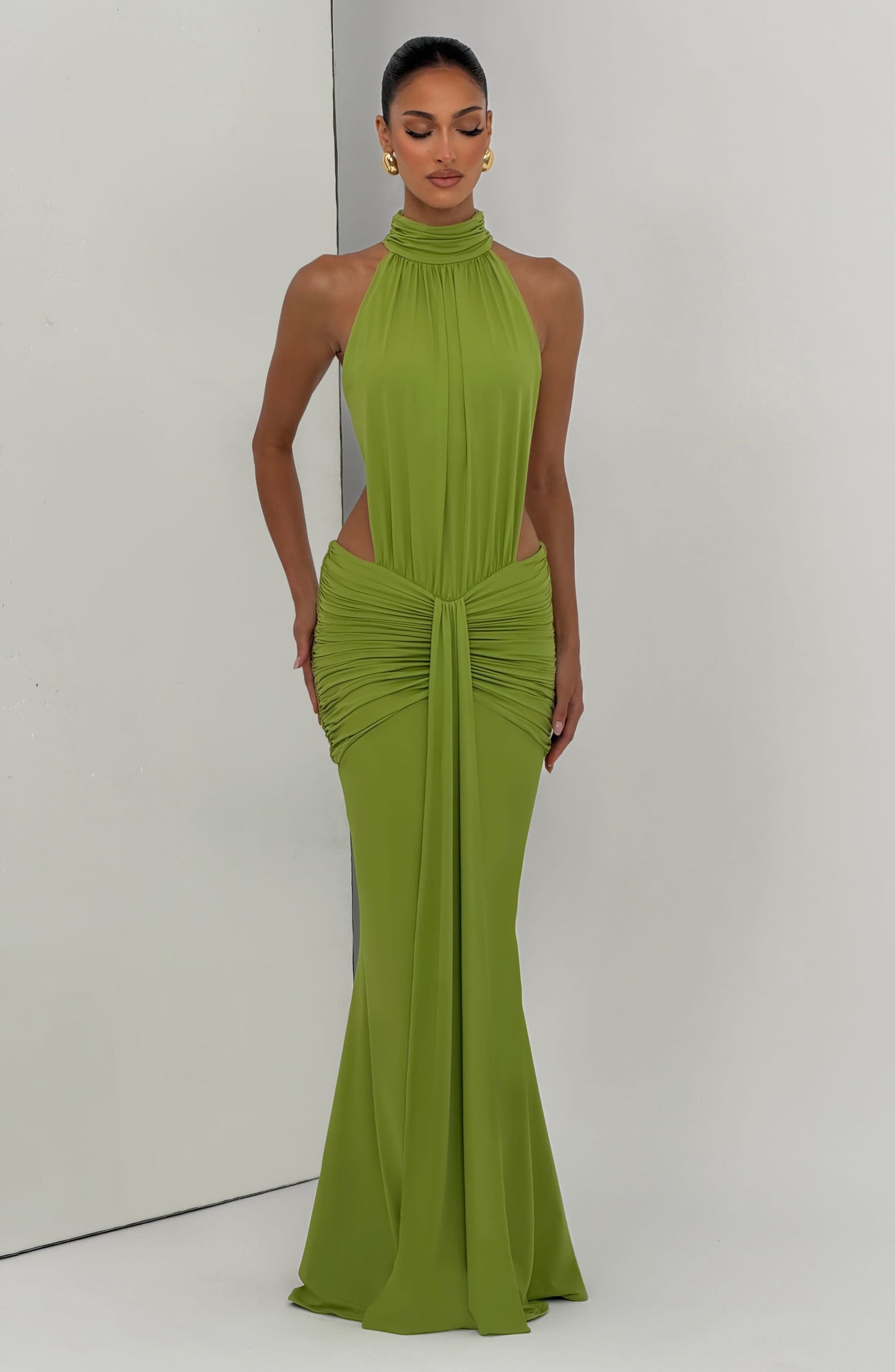 Women's Black Ruched Backless Halter Maxi Dress