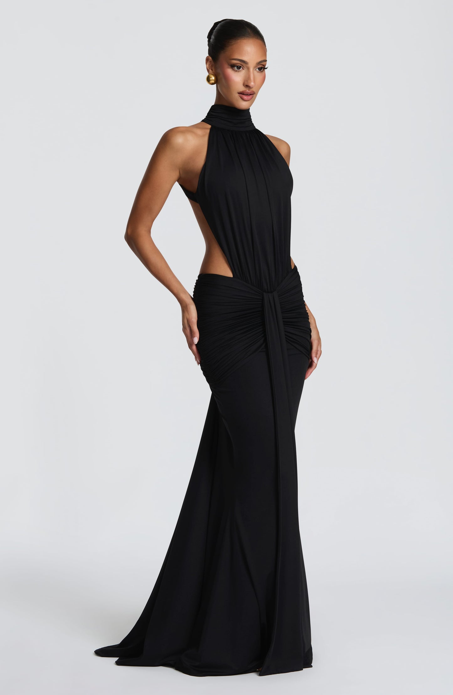 Women's Black Ruched Backless Halter Maxi Dress