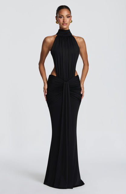 Women's Black Ruched Backless Halter Maxi Dress