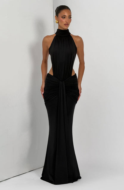 Women's Black Ruched Backless Halter Maxi Dress