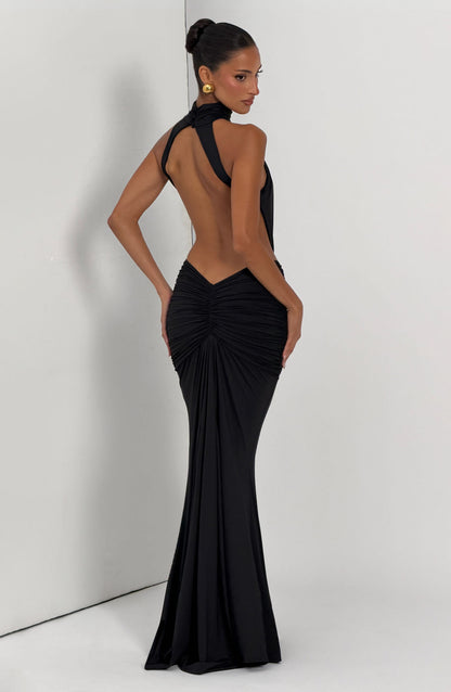 Women's Black Ruched Backless Halter Maxi Dress
