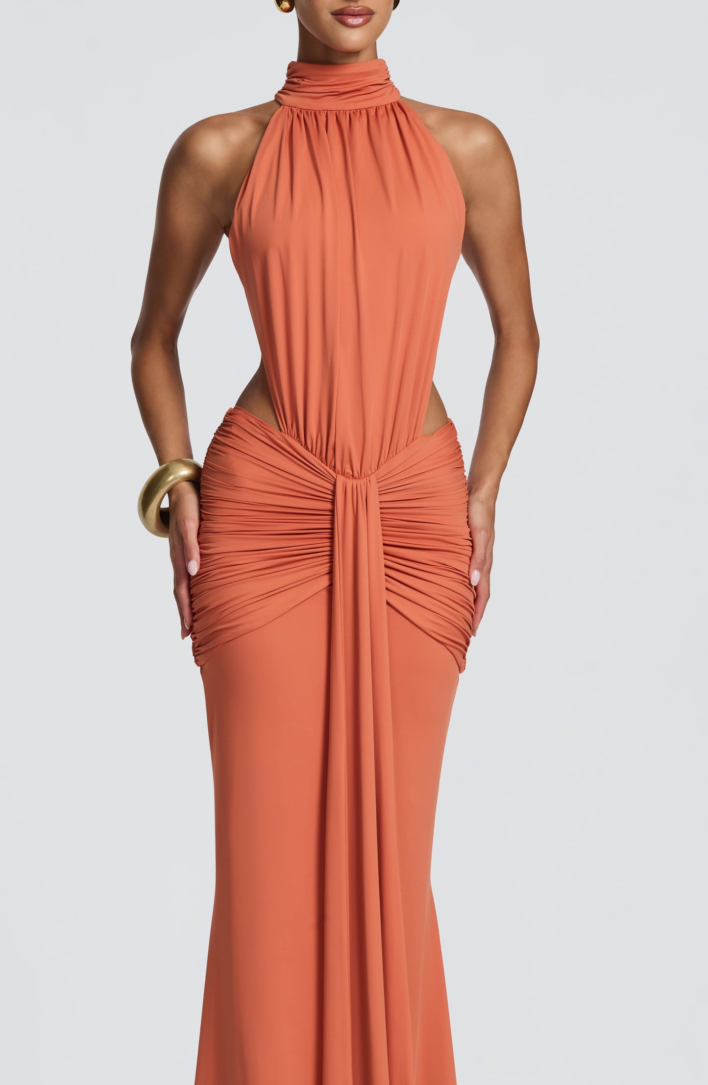 Women's Black Ruched Backless Halter Maxi Dress