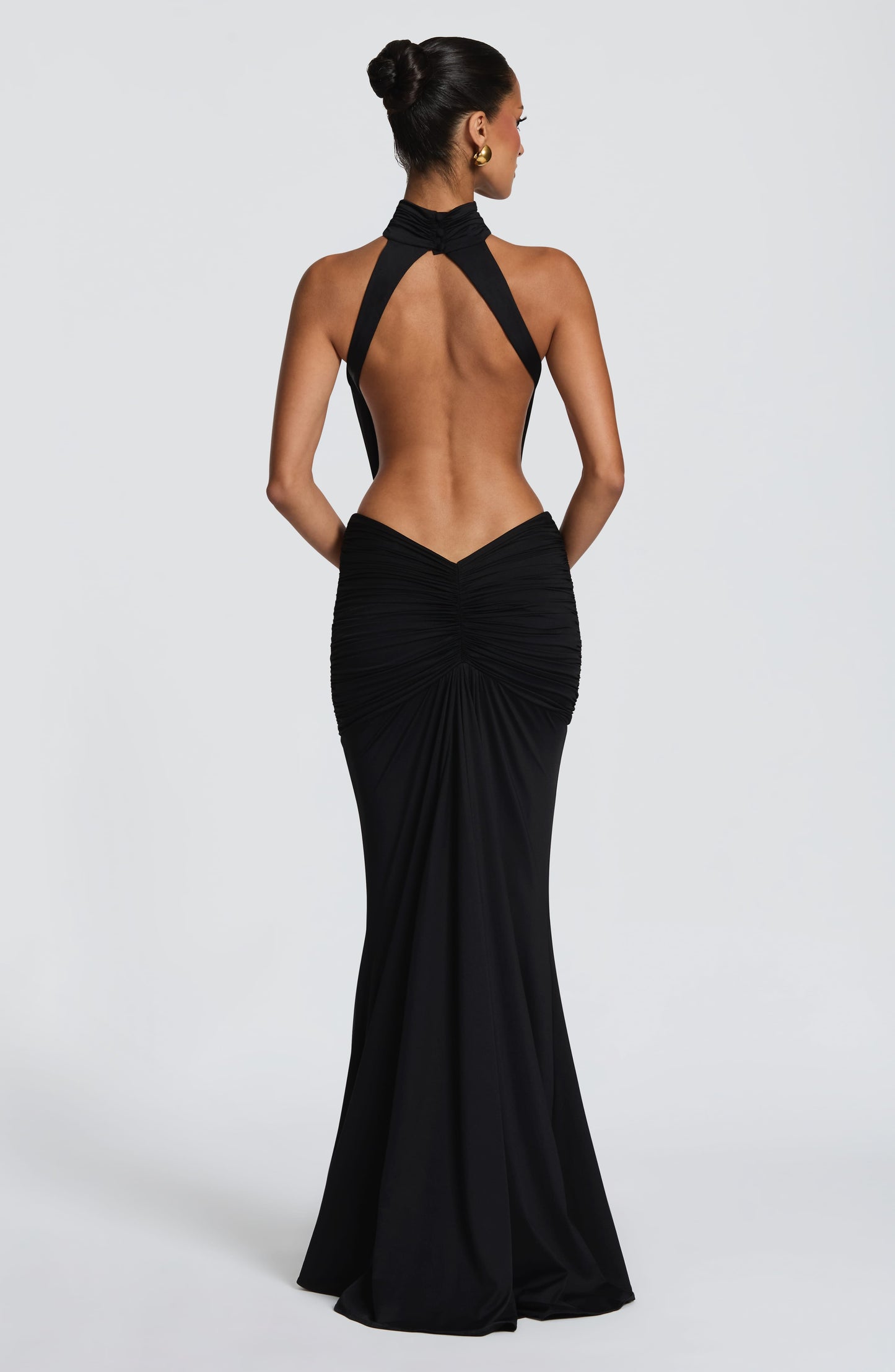 Women's Black Ruched Backless Halter Maxi Dress