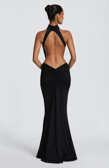 Women's Black Ruched Backless Halter Maxi Dress