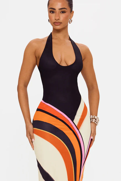 Women's Black Sleeveless Satin Maxi Cocktail Dress