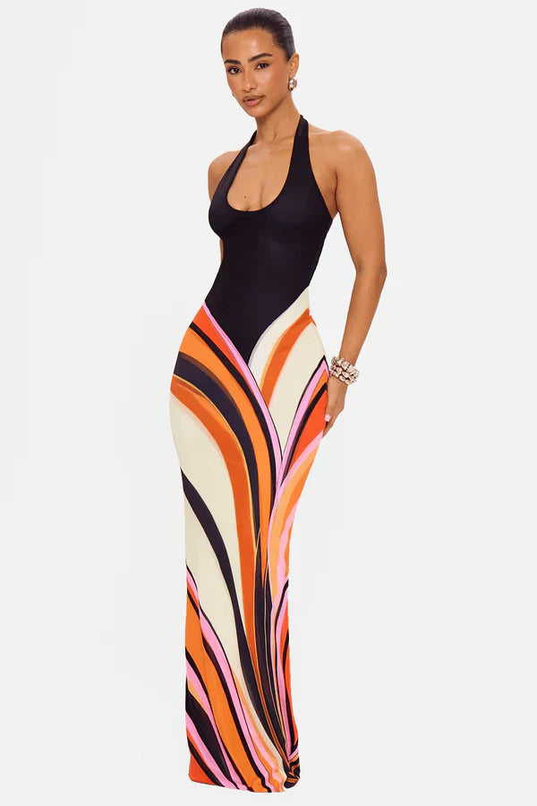 Women's Black Sleeveless Satin Maxi Cocktail Dress