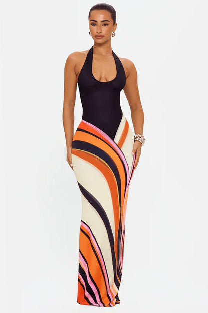 Women's Black Sleeveless Satin Maxi Cocktail Dress