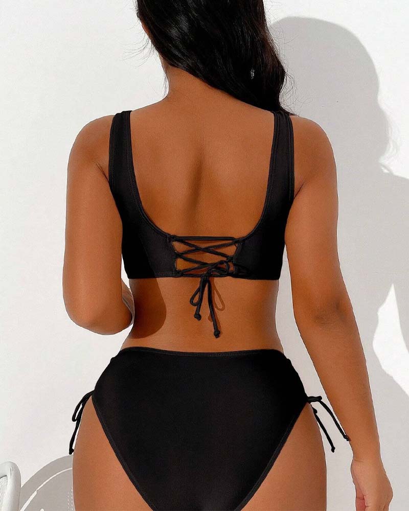 Back view of black v-neck bikini top with lace-up tie detail