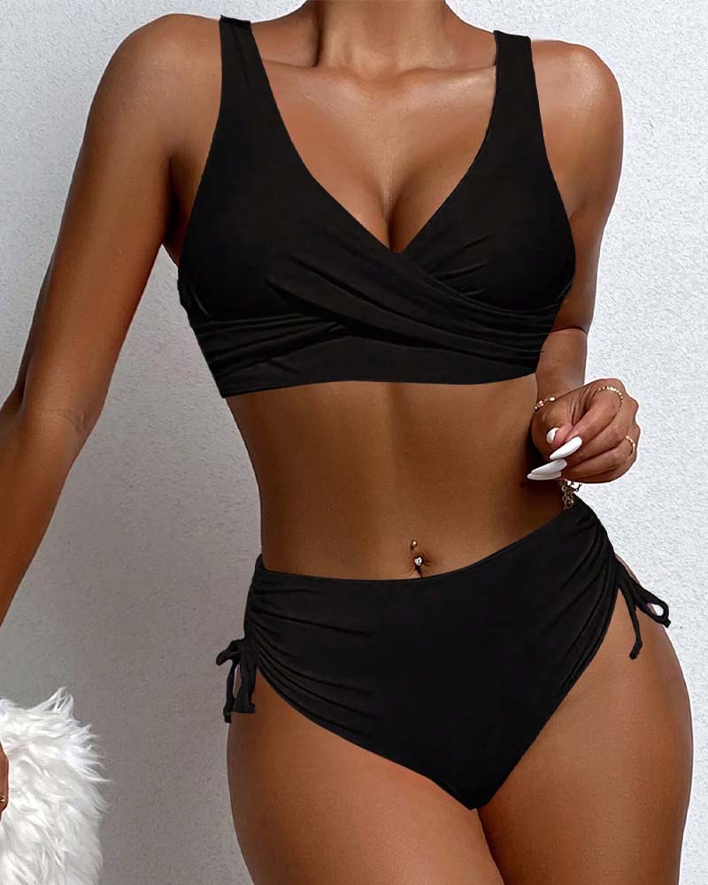 Black sleeveless v-neck bikini with tie-side bottoms, front view