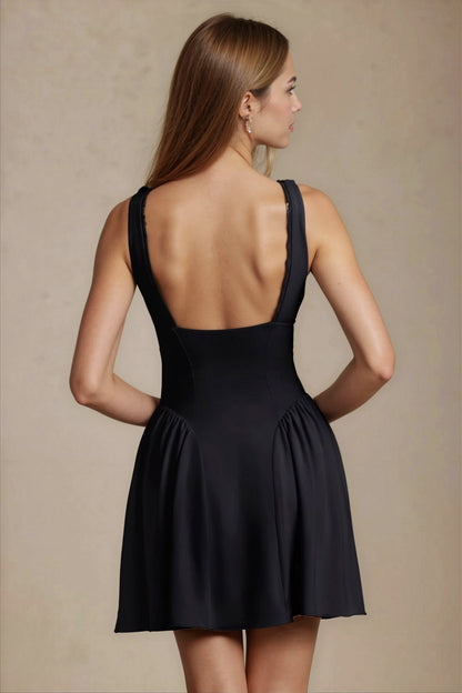 Women's Black V-Neck Summer Mini Dress with Pockets