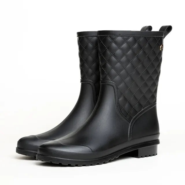 Women's Block Heel Waterproof Quilted Mid Calf Rain Boots