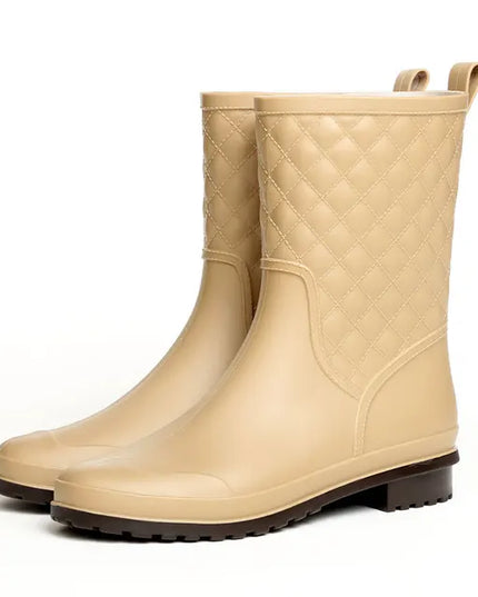 Women's Block Heel Waterproof Quilted Mid Calf Rain Boots