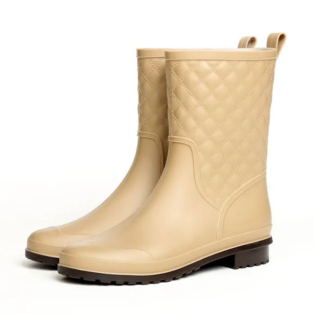 Women's Block Heel Waterproof Quilted Mid Calf Rain Boots