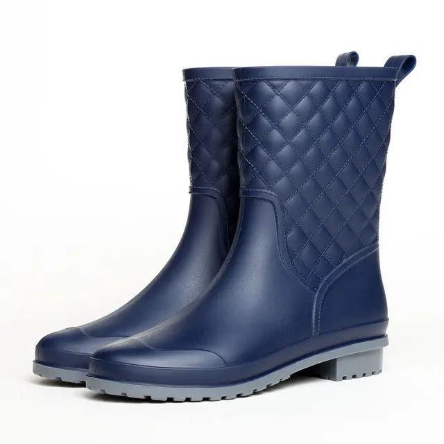 Women's Block Heel Waterproof Quilted Mid Calf Rain Boots