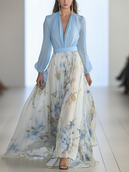 Blue and cream floral v-neck long sleeve maxi dress with flowing skirt