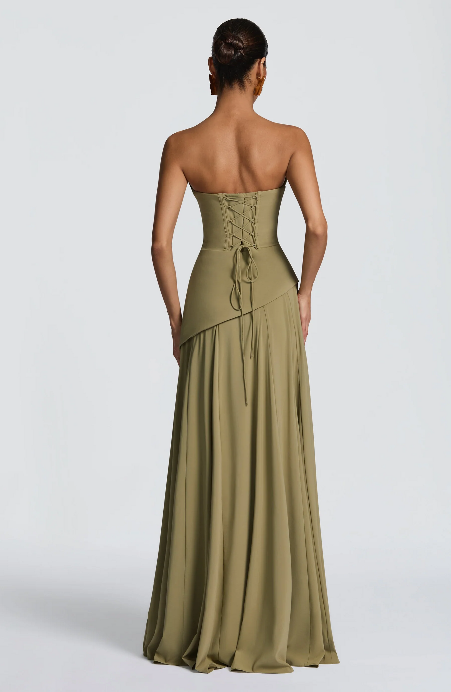 Sage green strapless cowl neck maxi dress with lace-up corset back closure