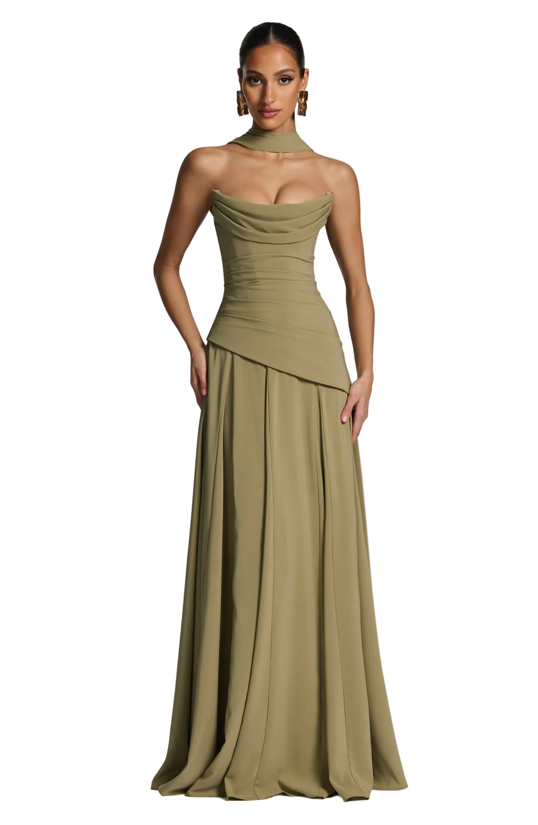 Sage green strapless cowl neck maxi dress with draped bodice and pleated skirt
