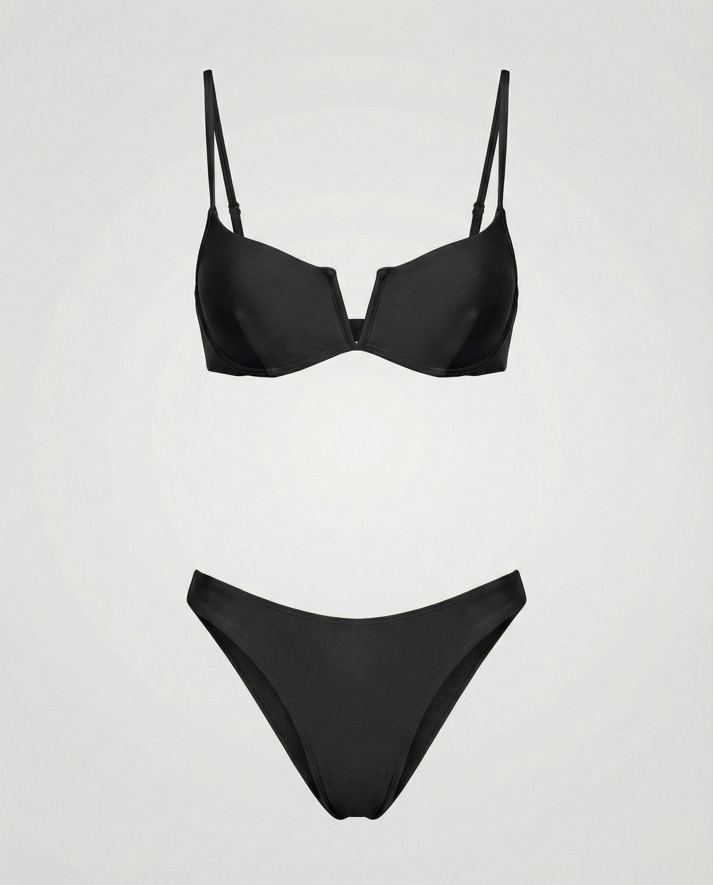 Black high waist bikini top with molded cups and center seam detail