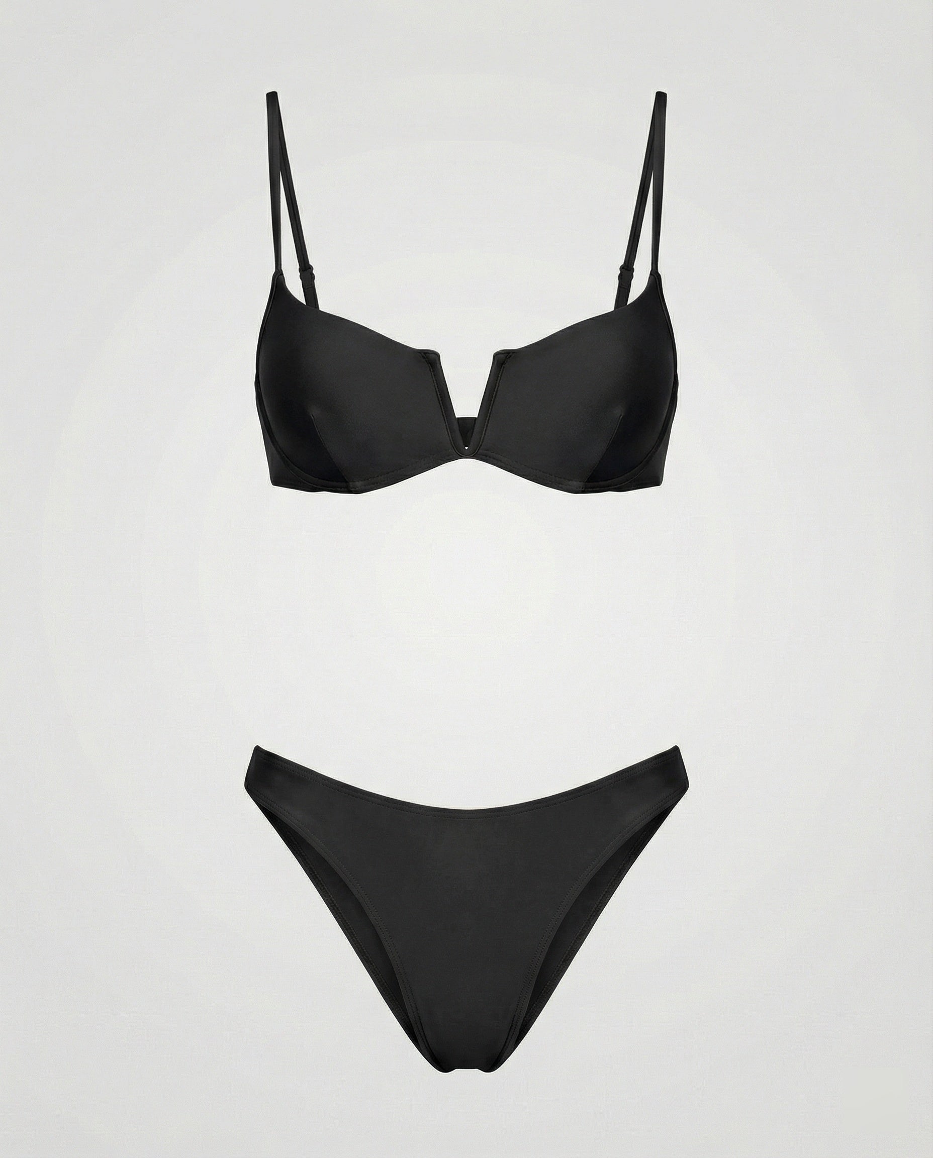 Black high waist bikini top with molded cups and center seam detail