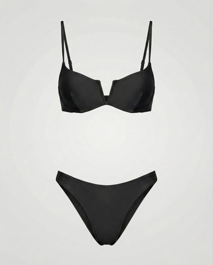 Black high waist bikini top with molded cups and center seam detail