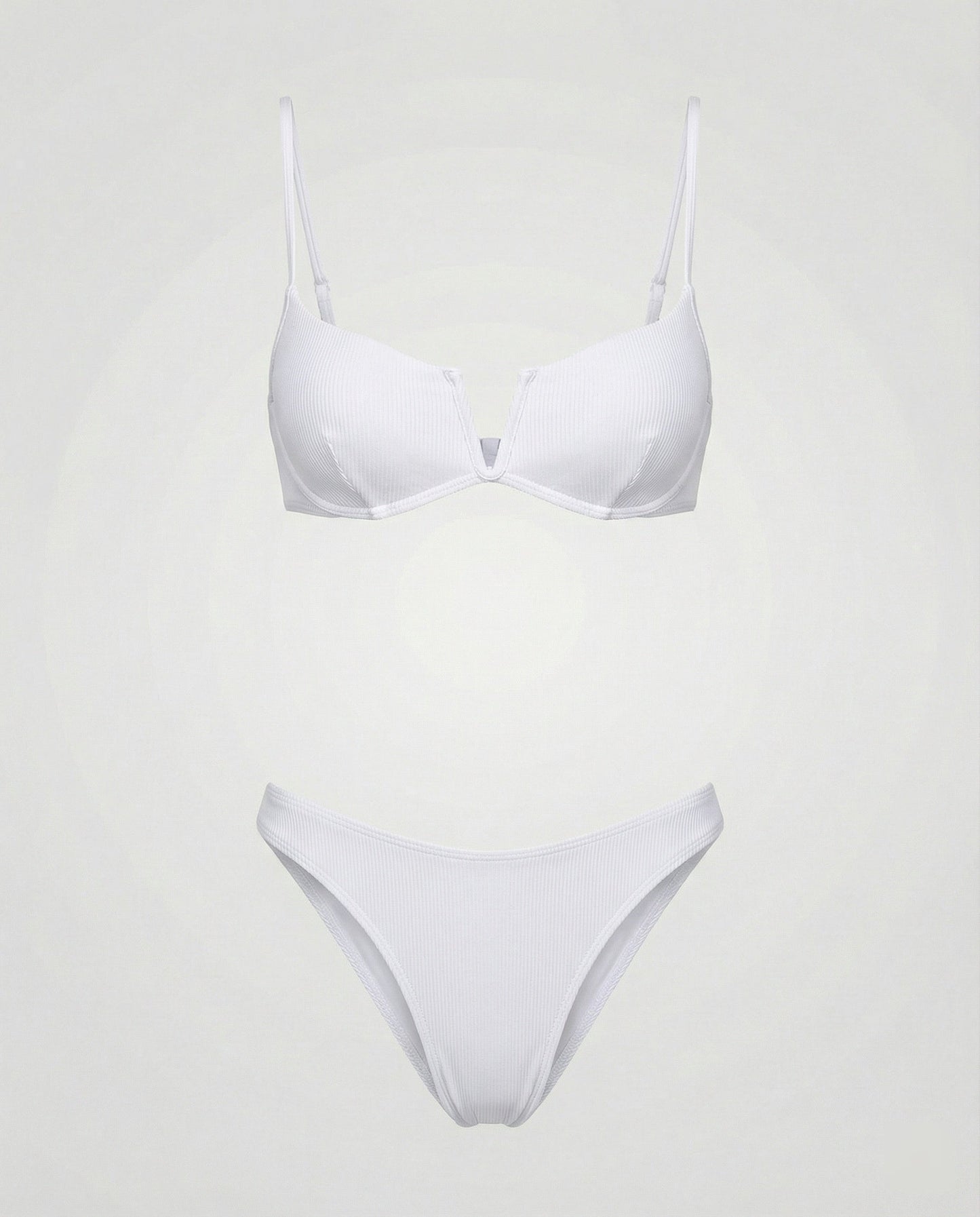 White ribbed high waist bikini set with underwire top and full bottom