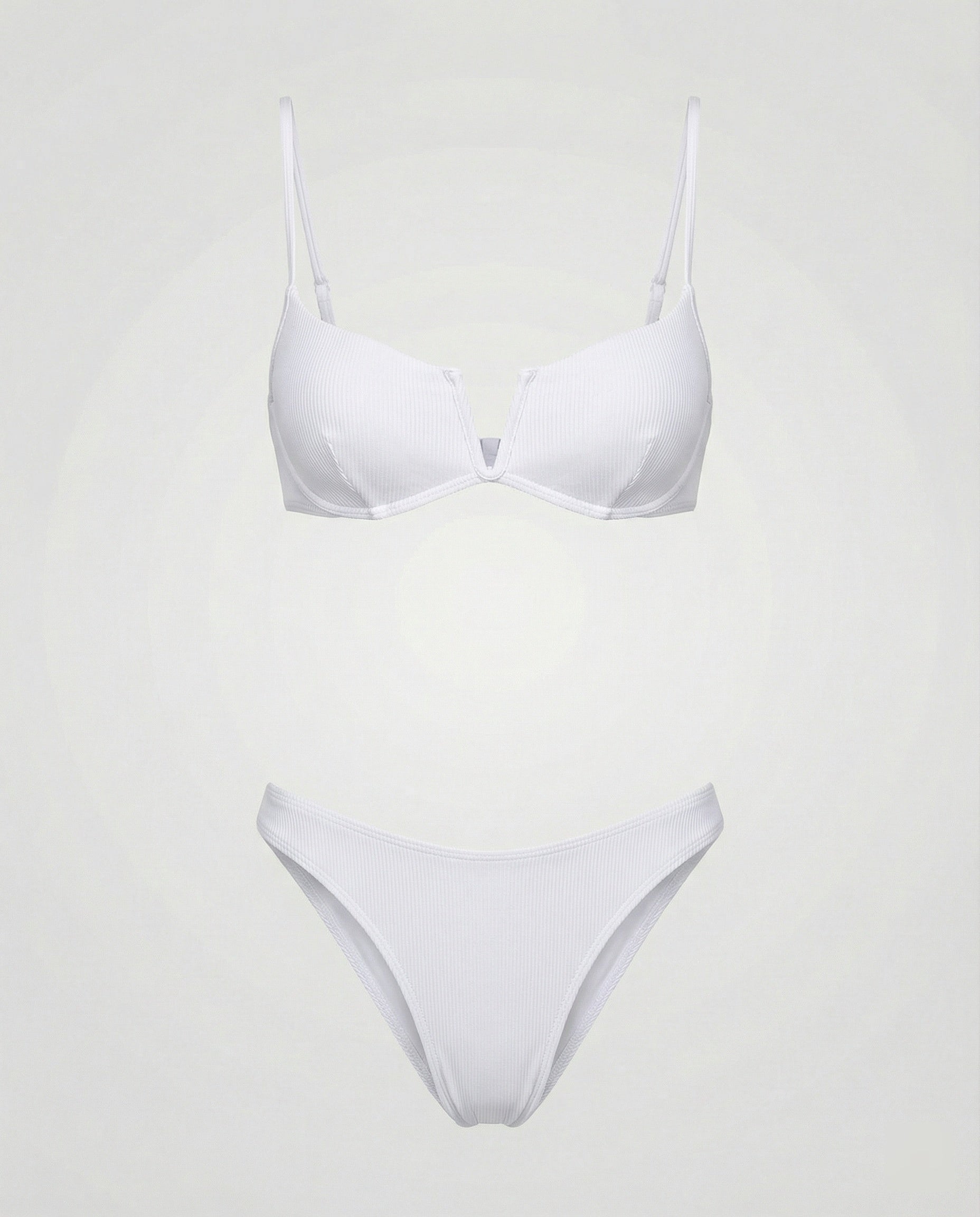 White ribbed high waist bikini set with underwire top and full bottom