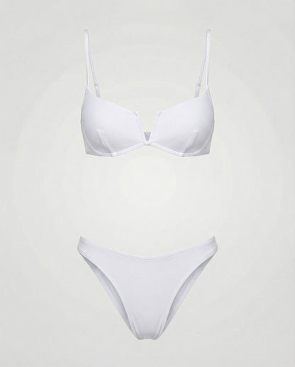 White ribbed high waist bikini set with underwire top and full bottom