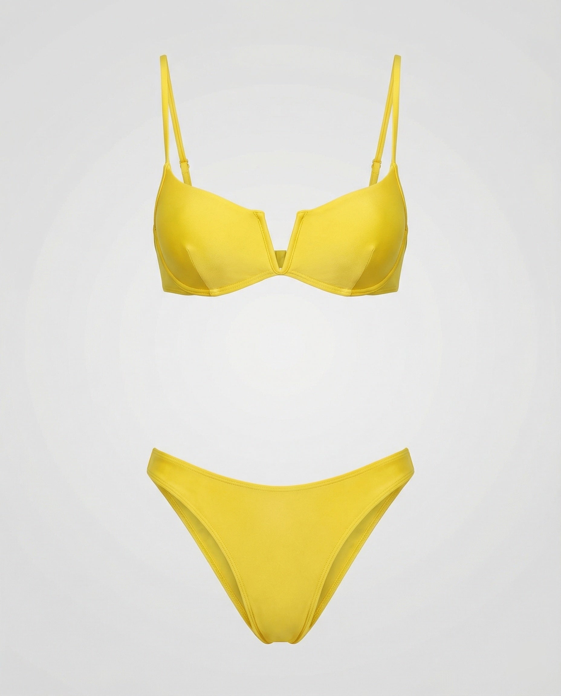 Yellow high waist bikini two piece with molded cups and wide straps