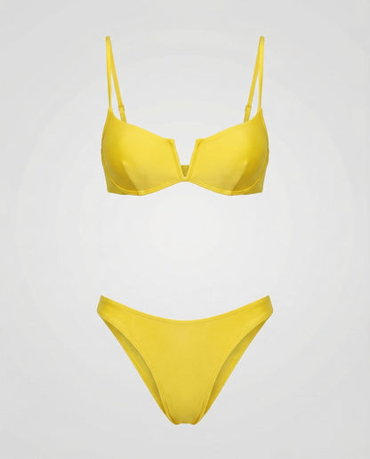 Yellow high waist bikini two piece with molded cups and wide straps