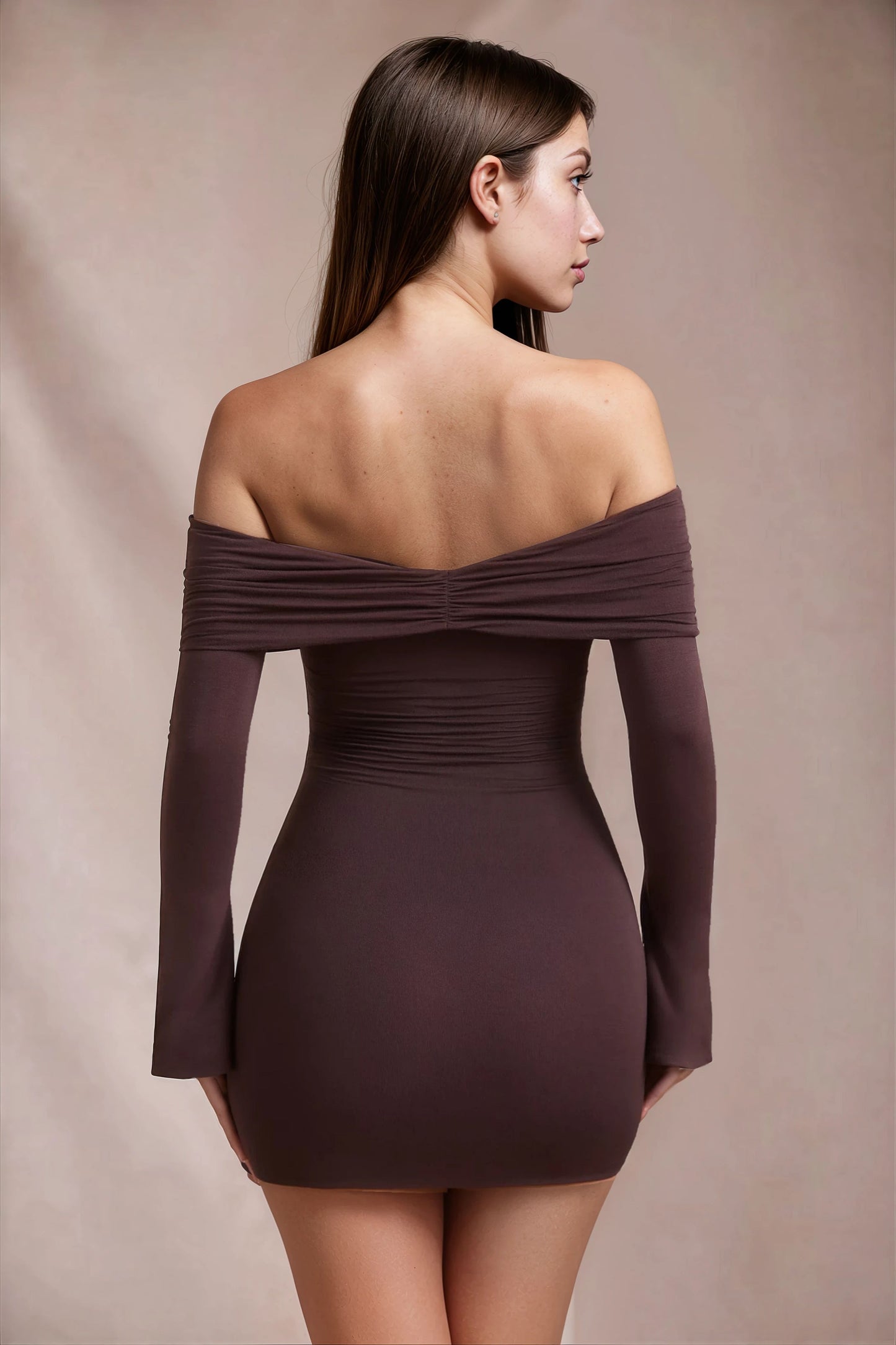 Women's Brown Long Sleeve Off Shoulder Bodycon Mini Dress