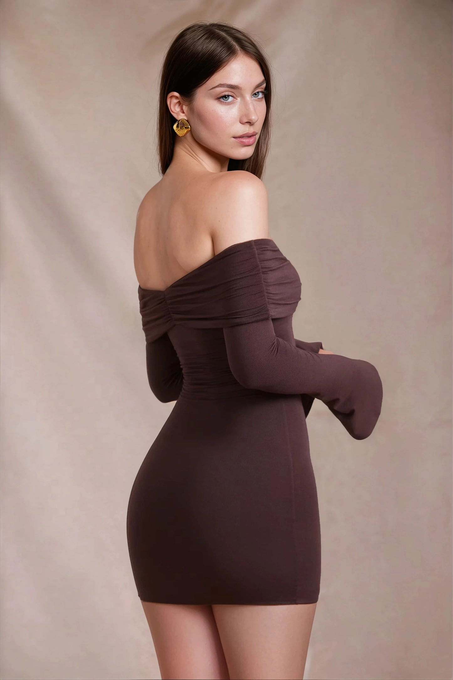 Women's Brown Long Sleeve Off Shoulder Bodycon Mini Dress
