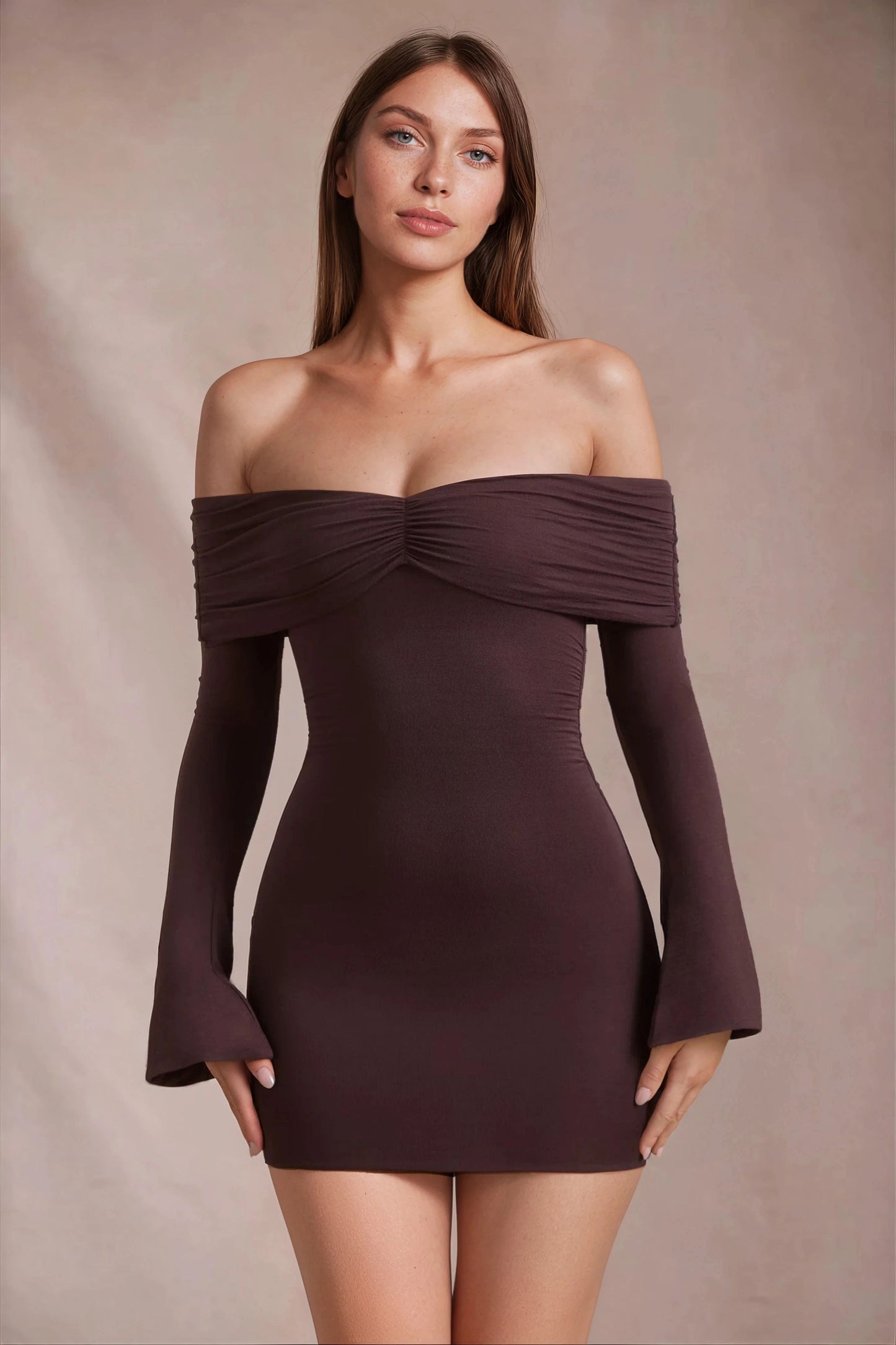 Women's Brown Long Sleeve Off Shoulder Bodycon Mini Dress