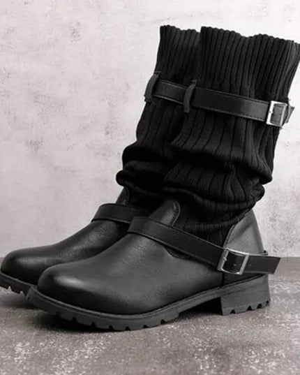 Women's Buckle Strap Winter Boots, Slouch Knit Shaft