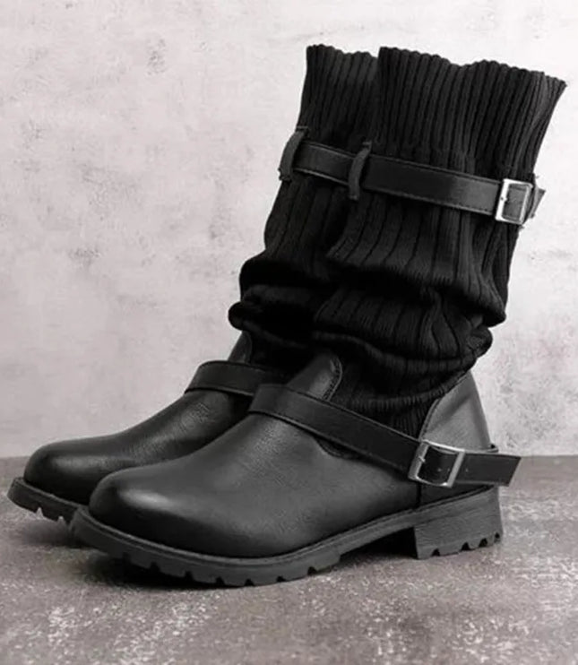 Women's Buckle Strap Winter Boots, Slouch Knit Shaft