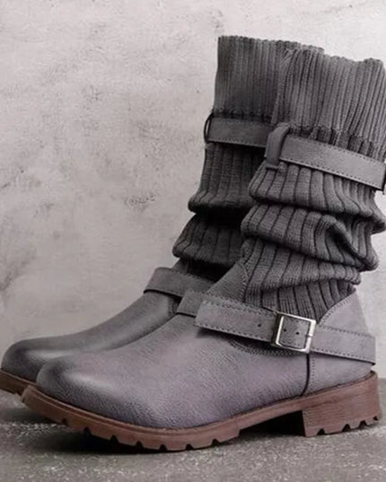 Women's Buckle Strap Winter Boots, Slouch Knit Shaft