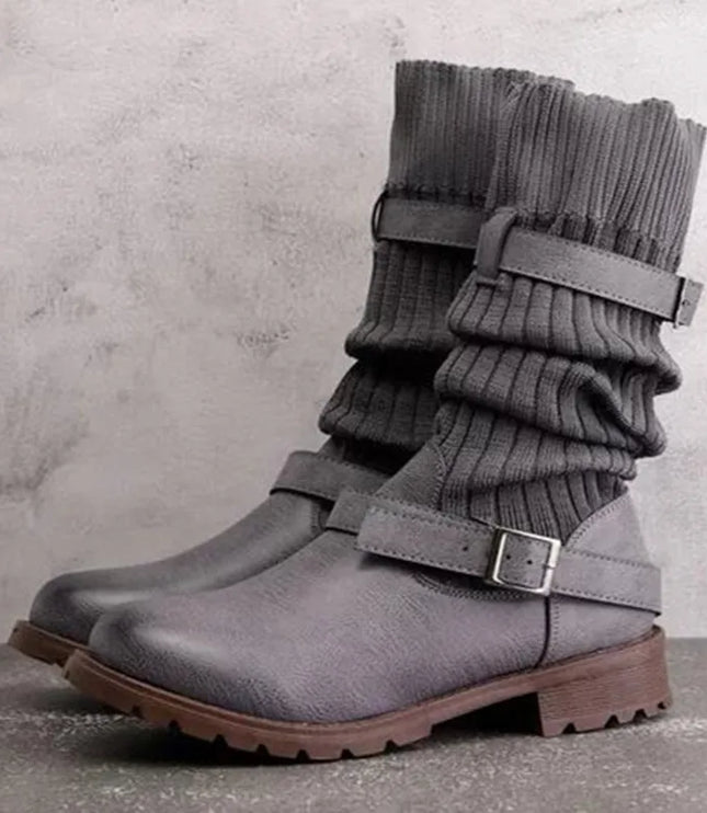 Women's Buckle Strap Winter Boots, Slouch Knit Shaft