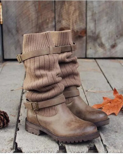 Women's Buckle Strap Winter Boots, Slouch Knit Shaft