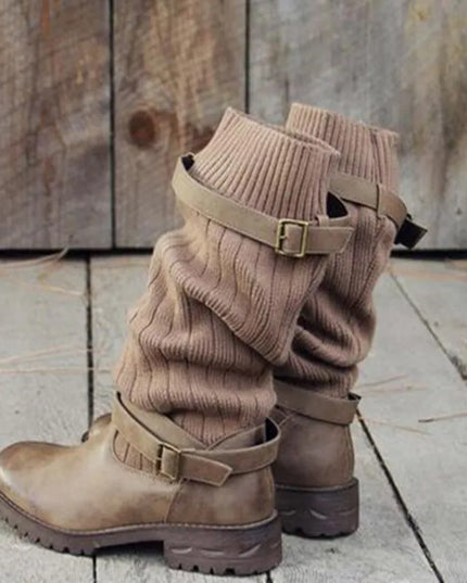 Women's Buckle Strap Winter Boots, Slouch Knit Shaft