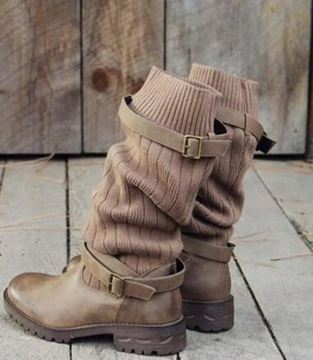 Women's Buckle Strap Winter Boots, Slouch Knit Shaft
