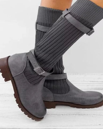 Women's Buckle Strap Winter Boots, Slouch Knit Shaft