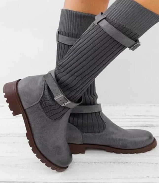 Women's Buckle Strap Winter Boots, Slouch Knit Shaft