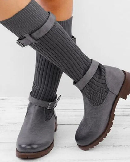 Women's Buckle Strap Winter Boots, Slouch Knit Shaft