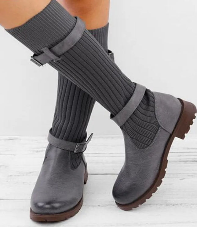 Women's Buckle Strap Winter Boots, Slouch Knit Shaft