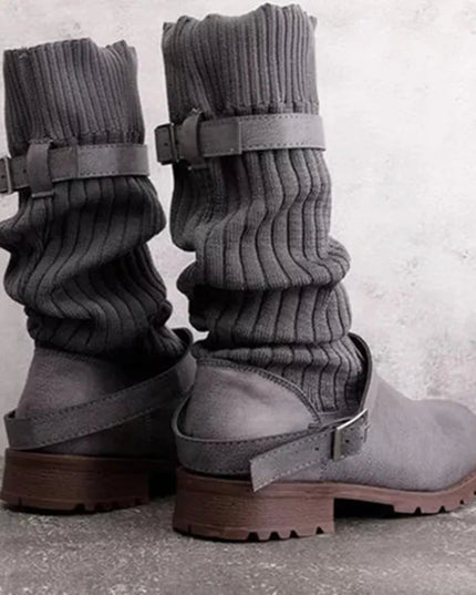 Women's Buckle Strap Winter Boots, Slouch Knit Shaft