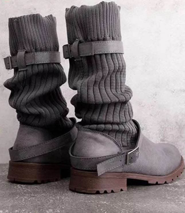 Women's Buckle Strap Winter Boots, Slouch Knit Shaft