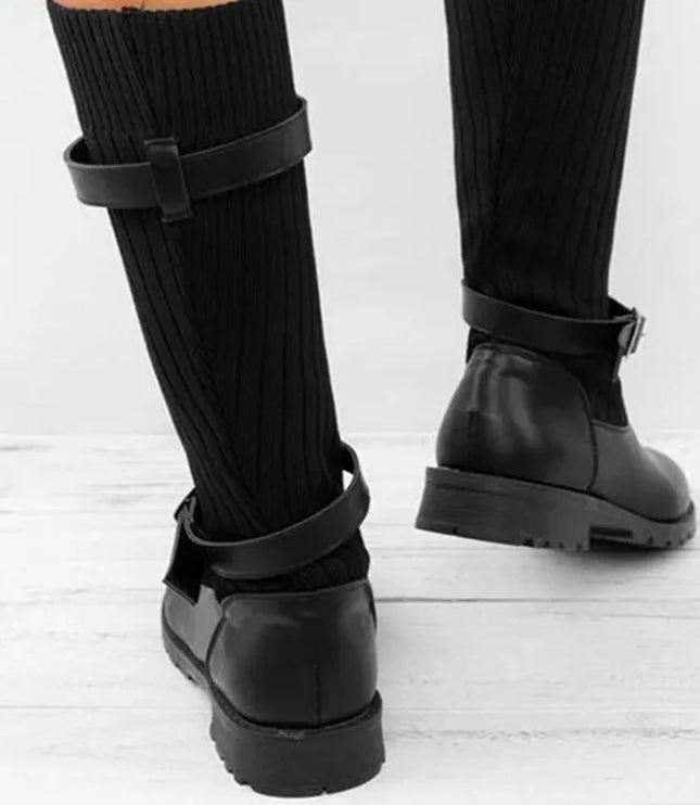 Women's Buckle Strap Winter Boots, Slouch Knit Shaft