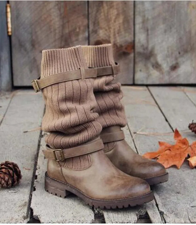 Women's Buckle Strap Winter Boots, Slouch Knit Shaft
