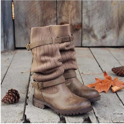 Women's Buckle Strap Winter Boots, Slouch Knit Shaft