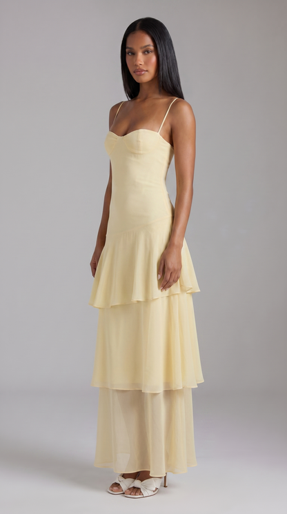 Women's Butter Yellow Floral Midi Dress for Wedding Guests